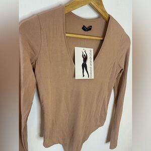 Naked Wardrobe NWT Tan Long Sleeve Bodysuit